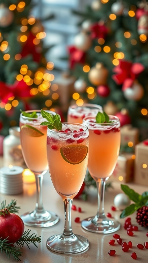 Four sparkling pomegranate cocktails in elegant glasses, garnished with mint and pomegranate seeds, set against a festive holiday backdrop.